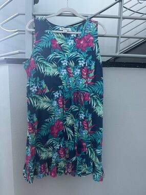 Tommy Bahama Navy Tropical Floral A-Line dress with tie waist size XL